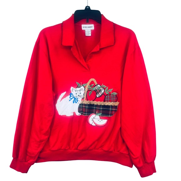Alfred Dunner Tops - VTG Alfred Dunner Cat Apple Basket Size L Embroidered Y2K Retro Cottagecore
